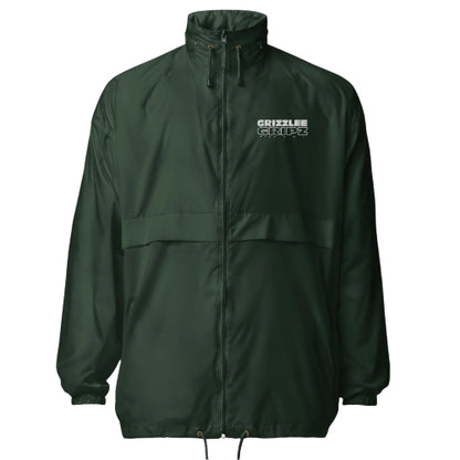 front white logo embroidered on forest green windbreaker