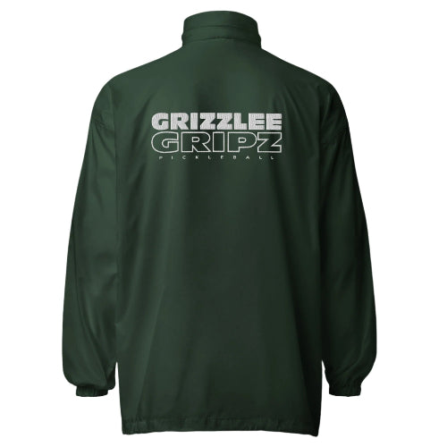 back of the forest green windbreaker, white team logo embroidered - Premium Pickleball Overgrip by Grizzlee Gripz