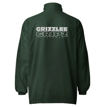 back of the forest green windbreaker, white team logo embroidered