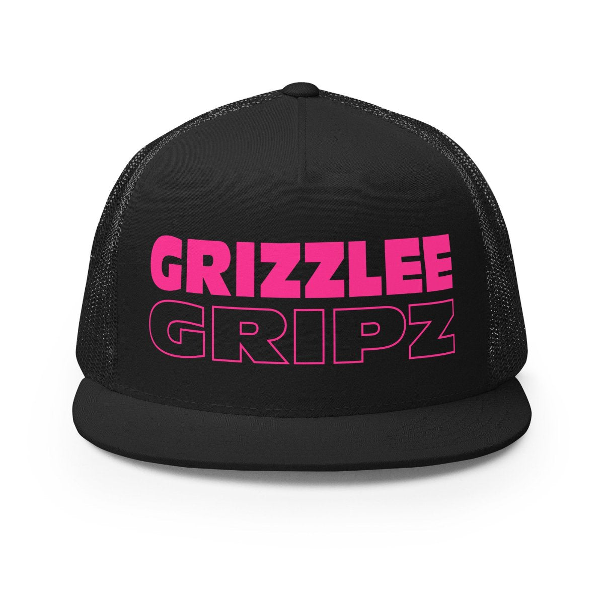 Front profile of the black trucker hat with Neon Pink branding - Premium Pickleball Overgrip by Grizzlee Gripz