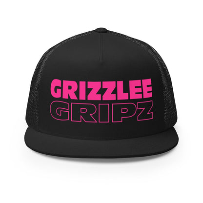 Front profile of the black trucker hat with Neon Pink branding