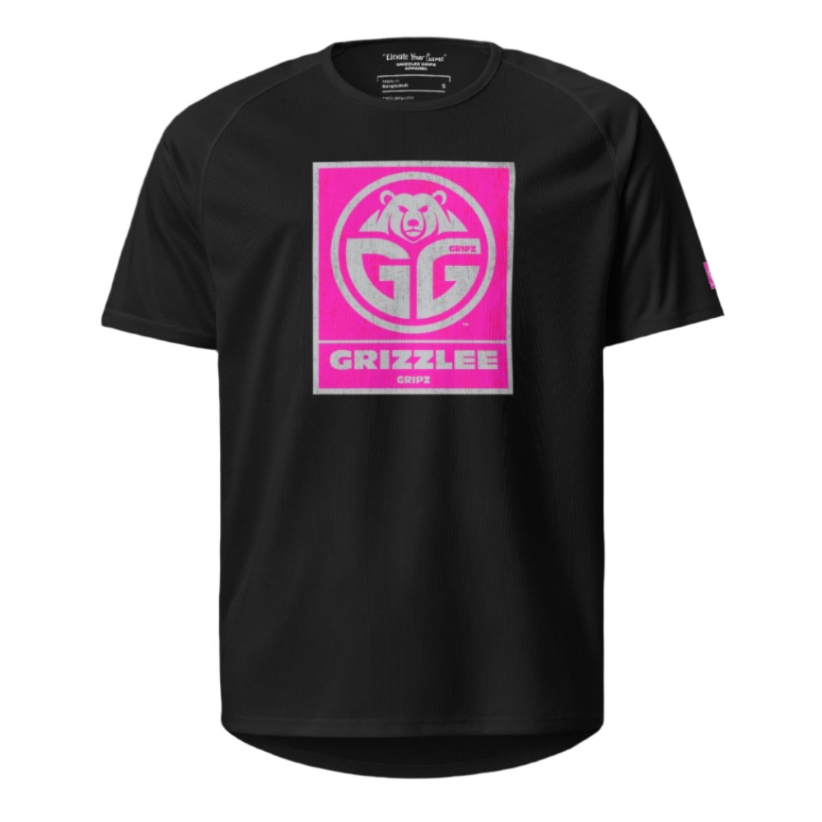 black court breathable t-shirt, grey and pink box logo on front - Premium Pickleball Overgrip by Grizzlee Gripz