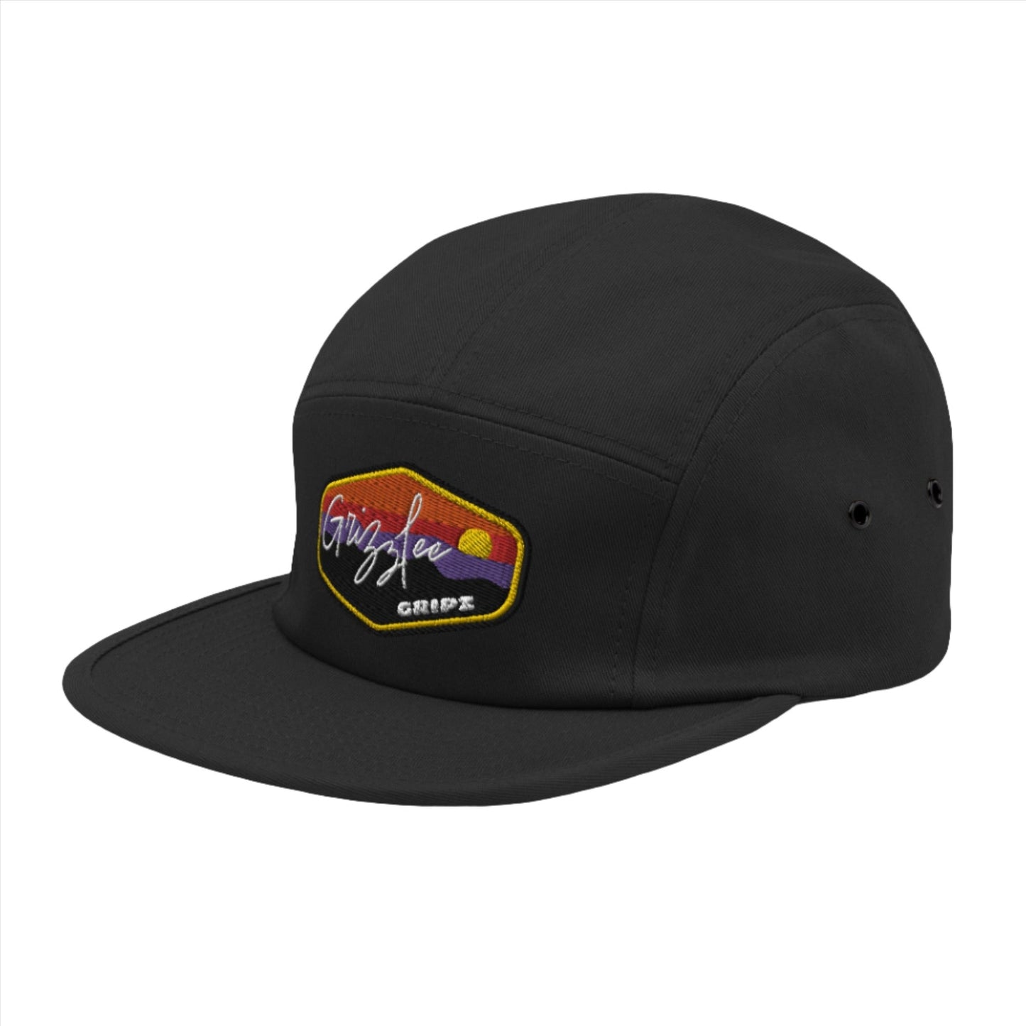 Grizzlee Gripz 5 Panel Sunset Badge Hat in camper style with low profile, metal eyelets, and nylon strap closure. Available in black - Premium Pickleball Overgrip by Grizzlee Gripz