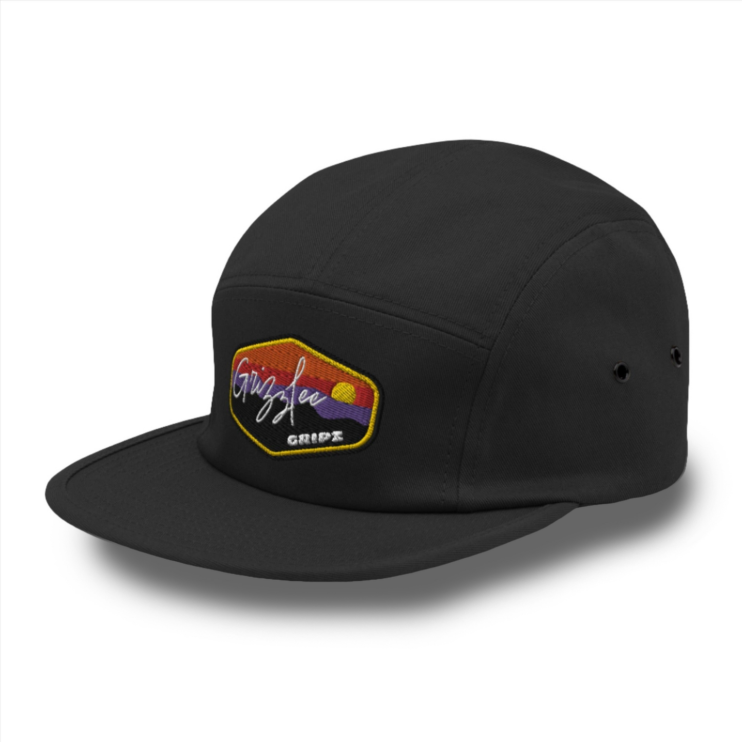 Grizzlee Gripz 5 Panel Sunset Badge Hat in camper style with low profile, metal eyelets, and nylon strap closure. Available in black - Premium Pickleball Overgrip by Grizzlee Gripz