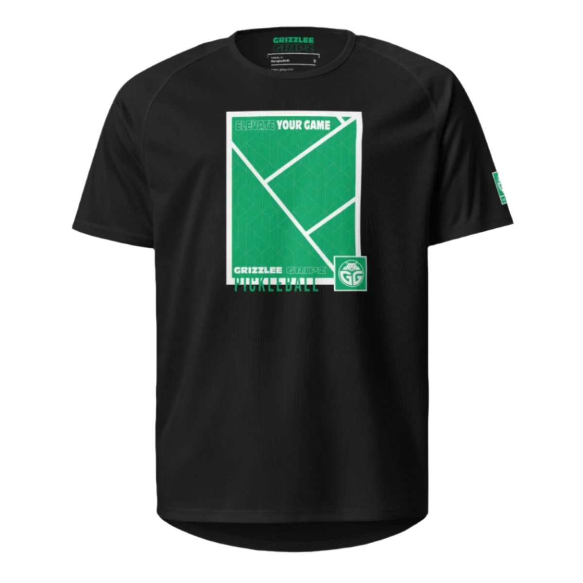 Grizzlee Gripz black breathable court shirt with green and white court lines logo on the front - Premium Pickleball Overgrip by Grizzlee Gripz