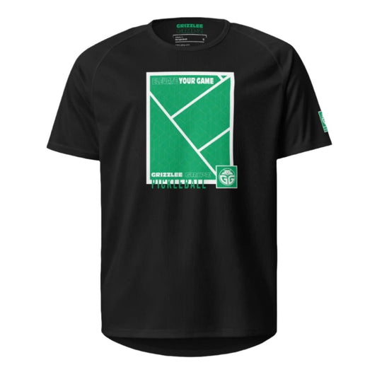 Grizzlee Gripz black breathable court shirt with green and white court lines logo on the front