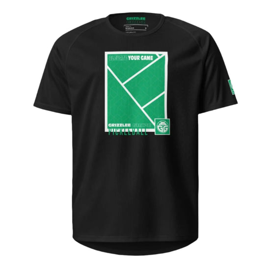 Grizzlee Gripz black breathable court shirt with green and white court lines logo on the front - Premium Pickleball Overgrip by Grizzlee Gripz
