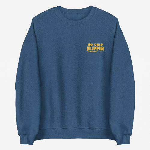 indigo blue crewneck front logo no grip slippin logo in yellow font - Premium Pickleball Overgrip by Grizzlee Gripz