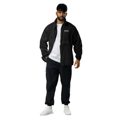 model wearing the black windbreaker showing front