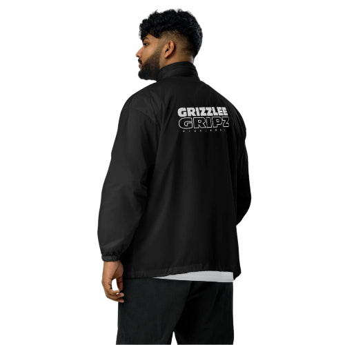 model wearing black windbreaker showing the back design - Premium Pickleball Overgrip by Grizzlee Gripz