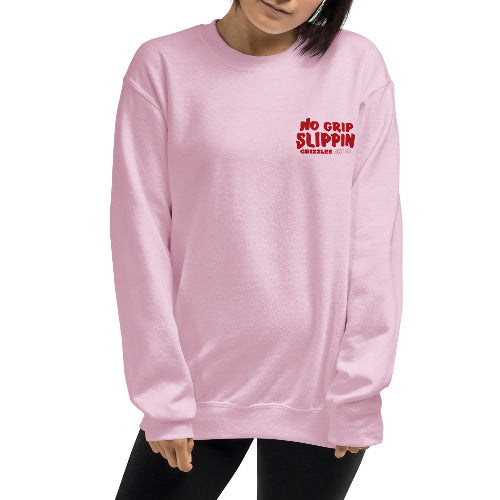 front of pink crewneck sweatshirt with red slogan no grip slippin - Premium Pickleball Overgrip by Grizzlee Gripz