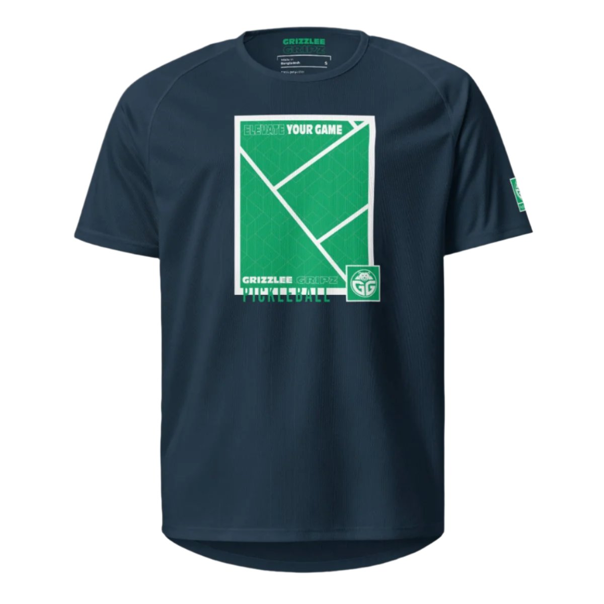 Grizzlee Gripz navy blue breathable court shirt with green and white logo on the front - Premium Pickleball Overgrip by Grizzlee Gripz