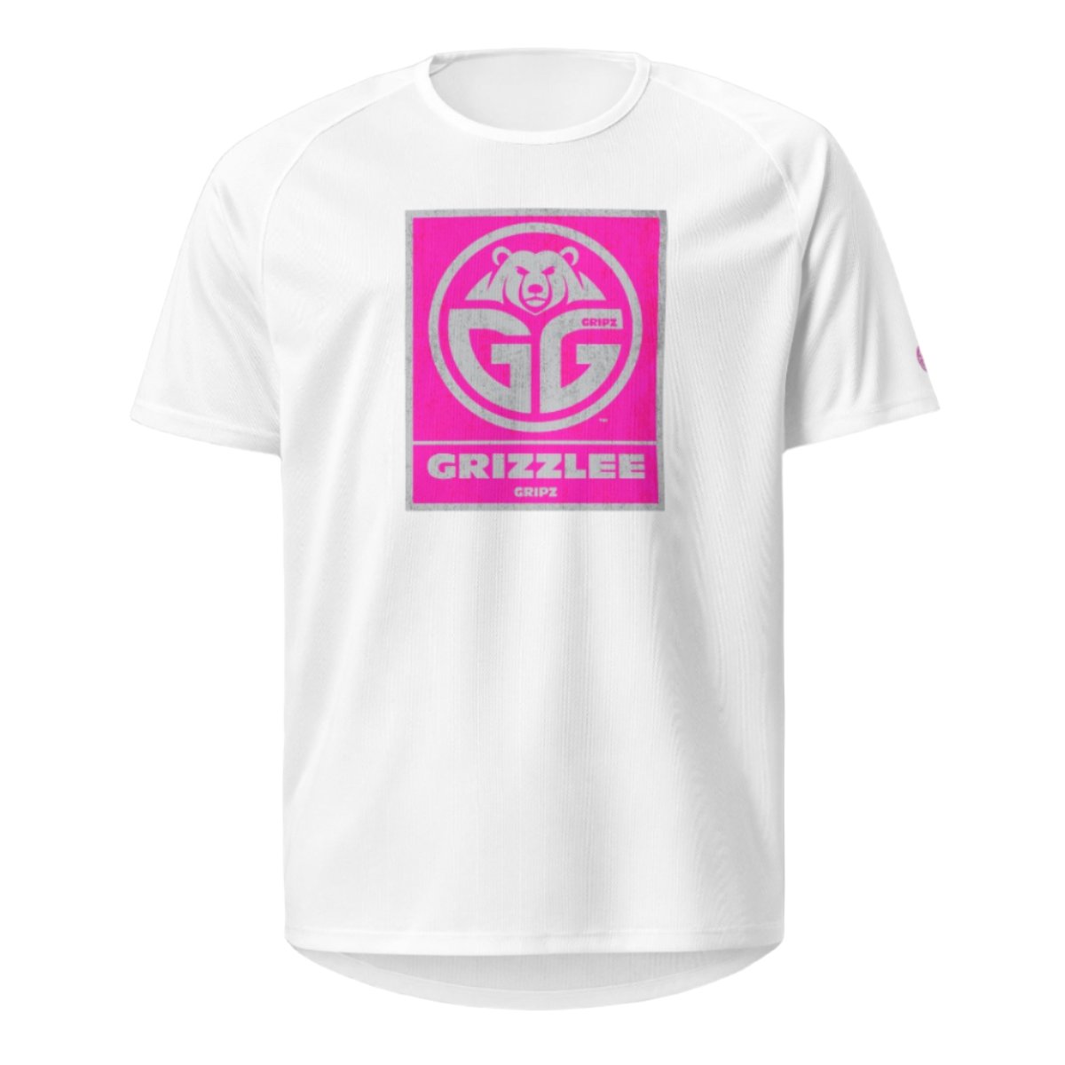 Pink box logo front of white playing court shirt - Premium Pickleball Overgrip by Grizzlee Gripz