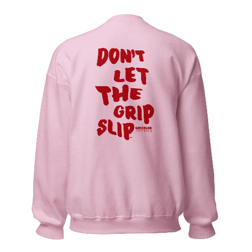 red font logo on the back of pink no grip slippin crewneck - Premium Pickleball Overgrip by Grizzlee Gripz