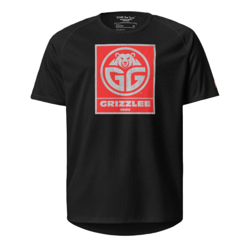 black playing court shirt with red box logo - Premium Pickleball Overgrip by Grizzlee Gripz