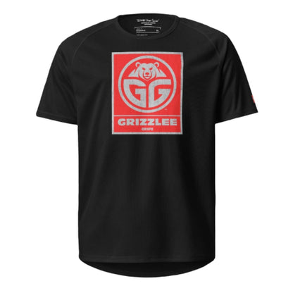 black playing court shirt with red box logo