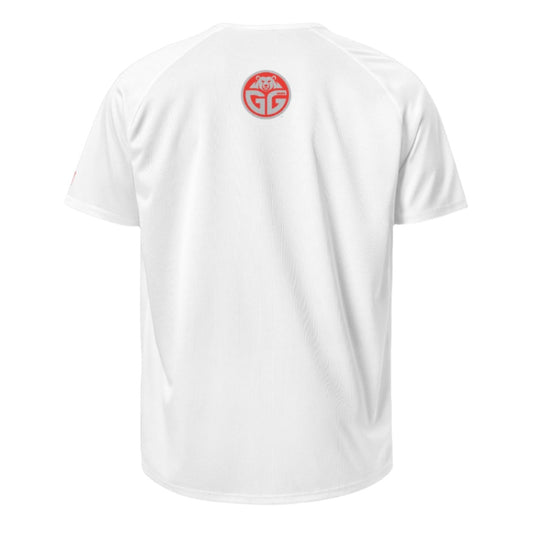 grizzlee gripz red circle logo on the back of a white court shirt