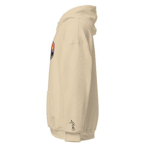 side profile of sand hoodie with black embroidered script logo - Premium Pickleball Overgrip by Grizzlee Gripz