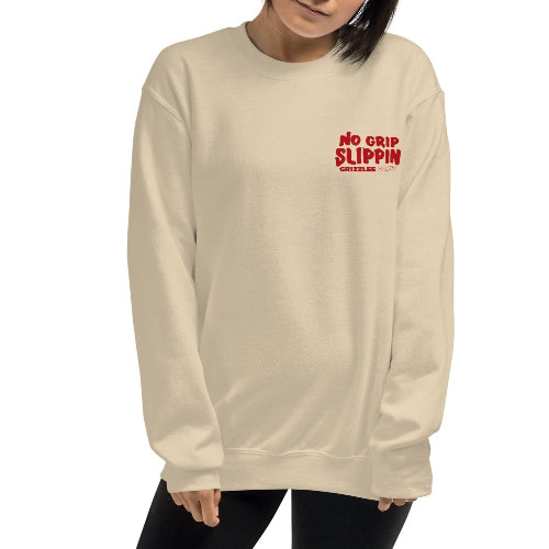 No grip slippin slogan in red on a sand colored sweatshirt - Premium Pickleball Overgrip by Grizzlee Gripz