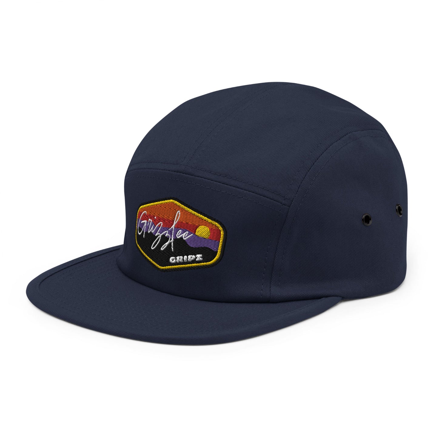 Grizzlee Gripz Sunset Badge Hat 5 panel camper style with low profile, metal eyelets, and nylon strap closure. Available in Navy blue - Premium Pickleball Overgrip by Grizzlee Gripz