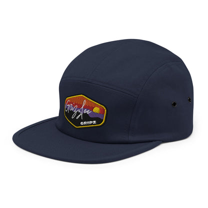 Grizzlee Gripz Sunset Badge Hat 5 panel camper style with low profile, metal eyelets, and nylon strap closure. Available in Navy blue