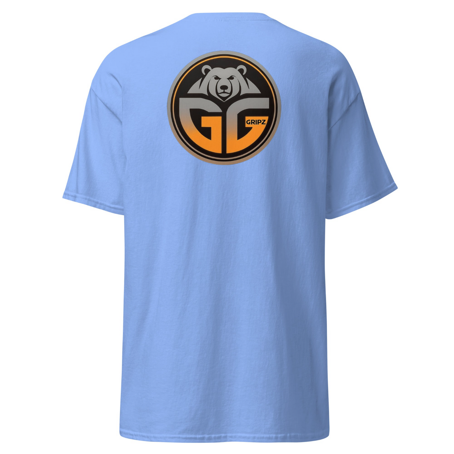 Carolina blue soft cotton t-shirt with the large grizzlee gripz cirle logo in orange gradient on the back - Premium Pickleball Overgrip by Grizzlee Gripz