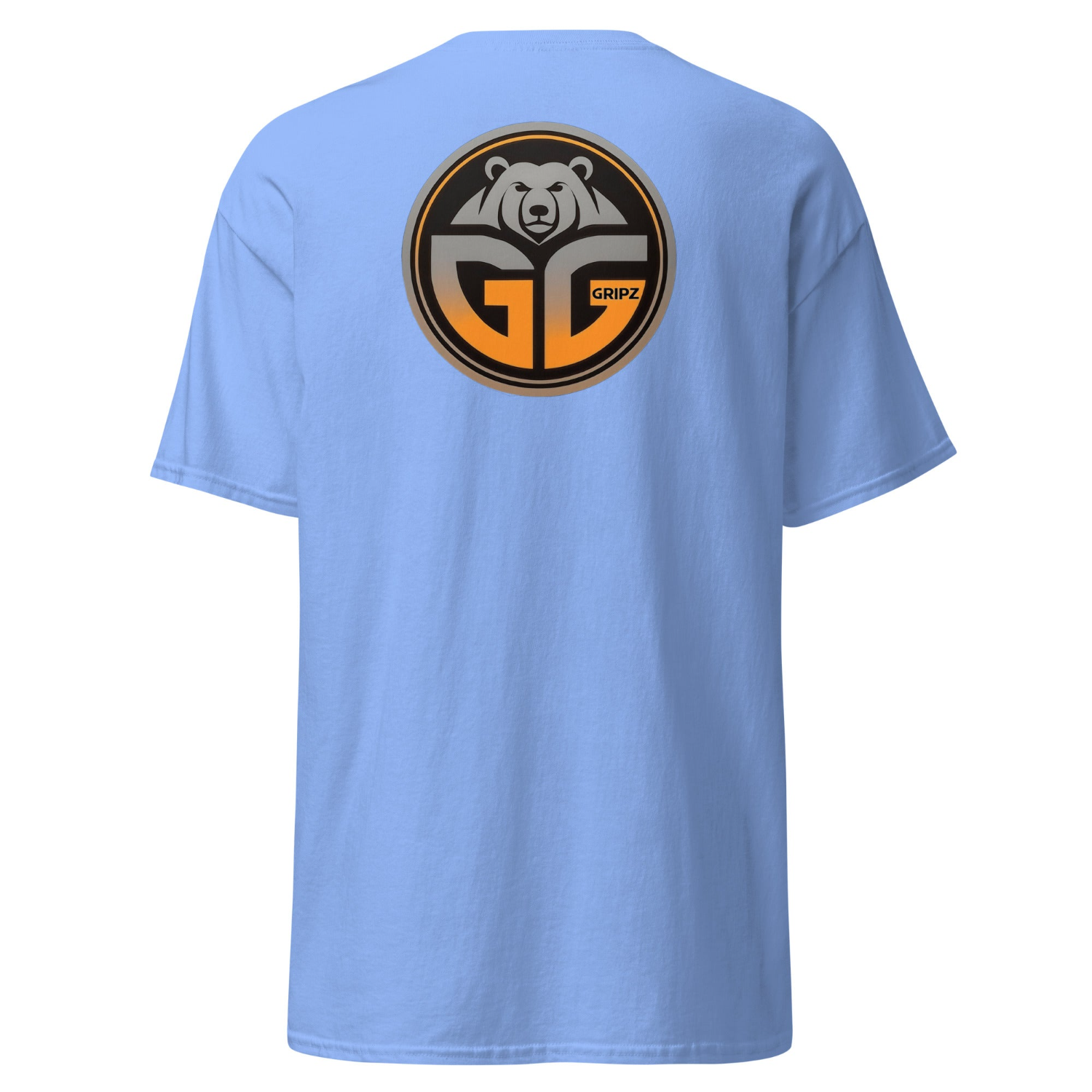 Carolina blue soft cotton t-shirt with the large grizzlee gripz cirle logo in orange gradient on the back