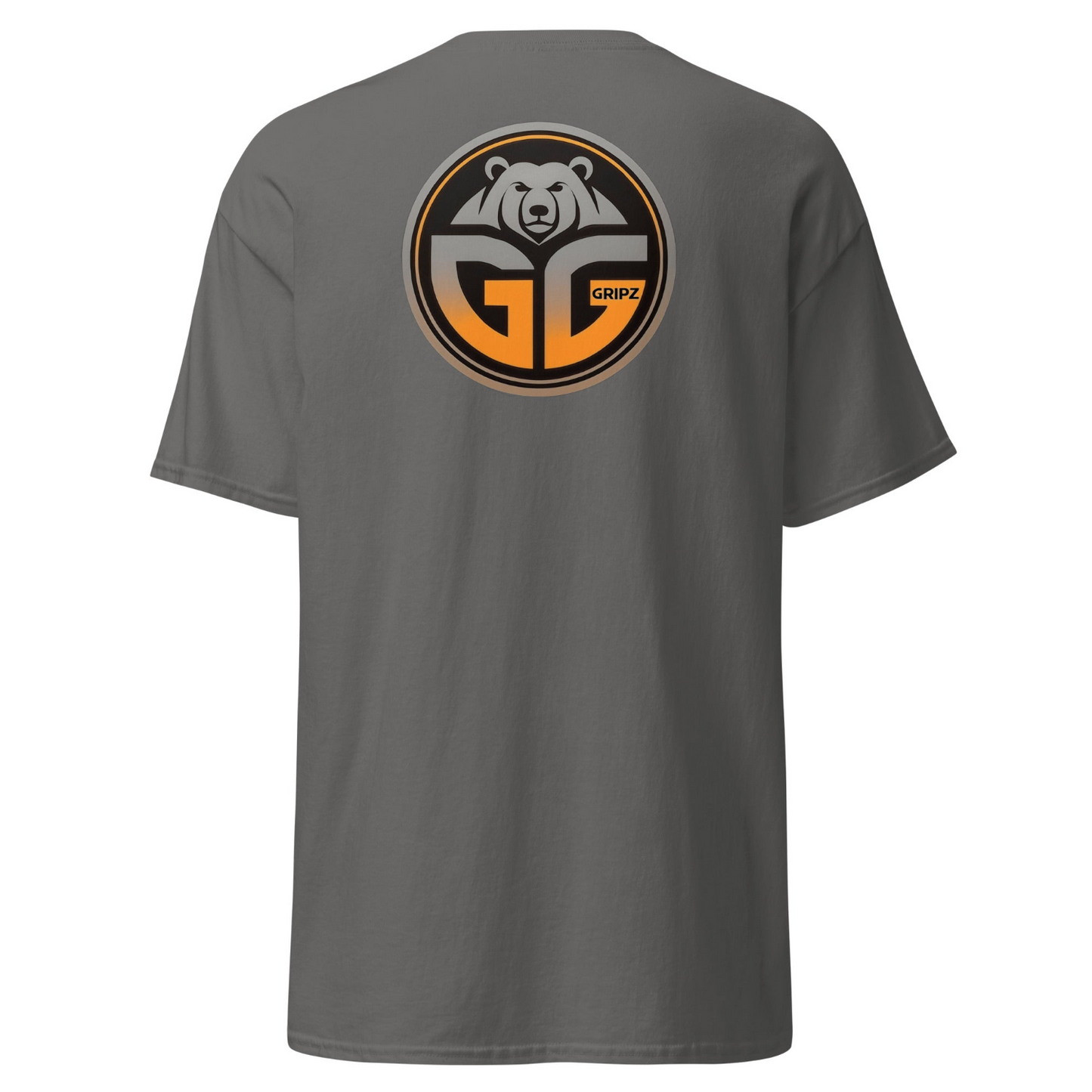 Charcoal colored t-shirt with large circle logo on the back printed of grizzlee gripz - Premium Pickleball Overgrip by Grizzlee Gripz