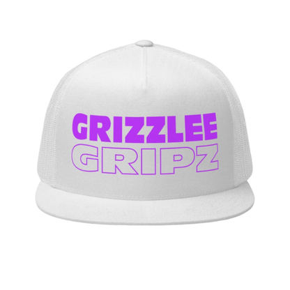 white snapback hat with neon purple  large logo grizzlee gripz wording on the front