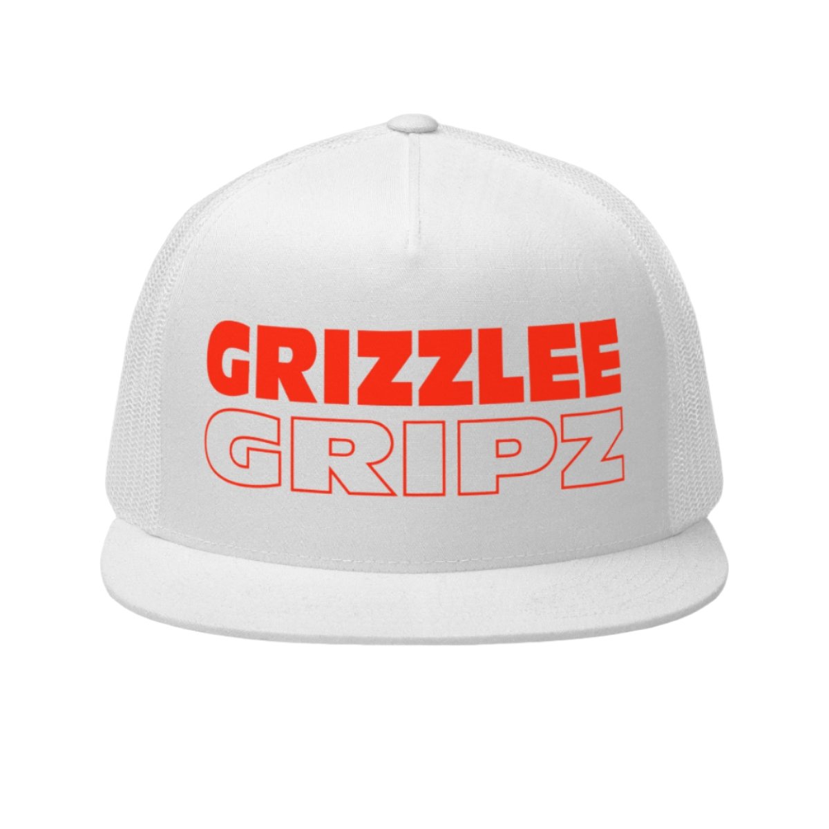 Trucker hat in white with neon red dtf logo on the front  - Premium Pickleball Overgrip by Grizzlee Gripz