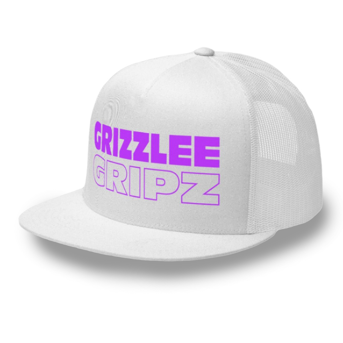 snap-back white trucker hat with neon purple grizzlee gripz on the front with a white background - Premium Pickleball Overgrip by Grizzlee Gripz