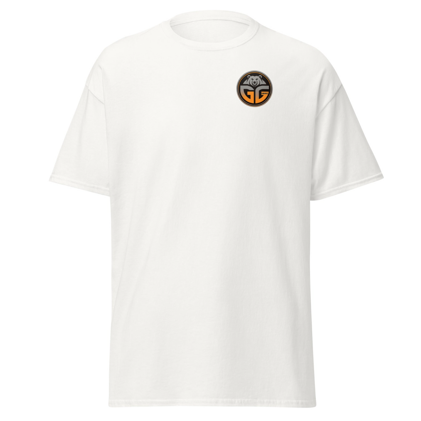 Grizzlee Gripz white t-shirt traditional logo with orange and black gradient - Premium Pickleball Overgrip by Grizzlee Gripz