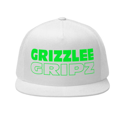 white snapback hat neon green wording grizzlee gripz on the front