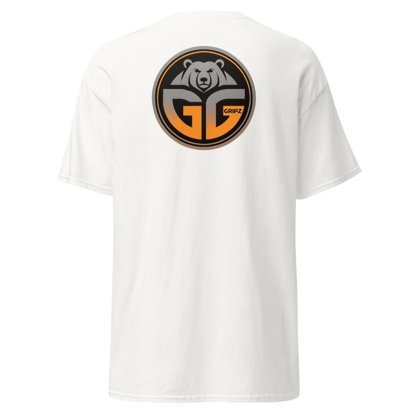 Grizzlee Gripz white t-shirt traditional large logo on the back with orange and black gradient - Premium Pickleball Overgrip by Grizzlee Gripz