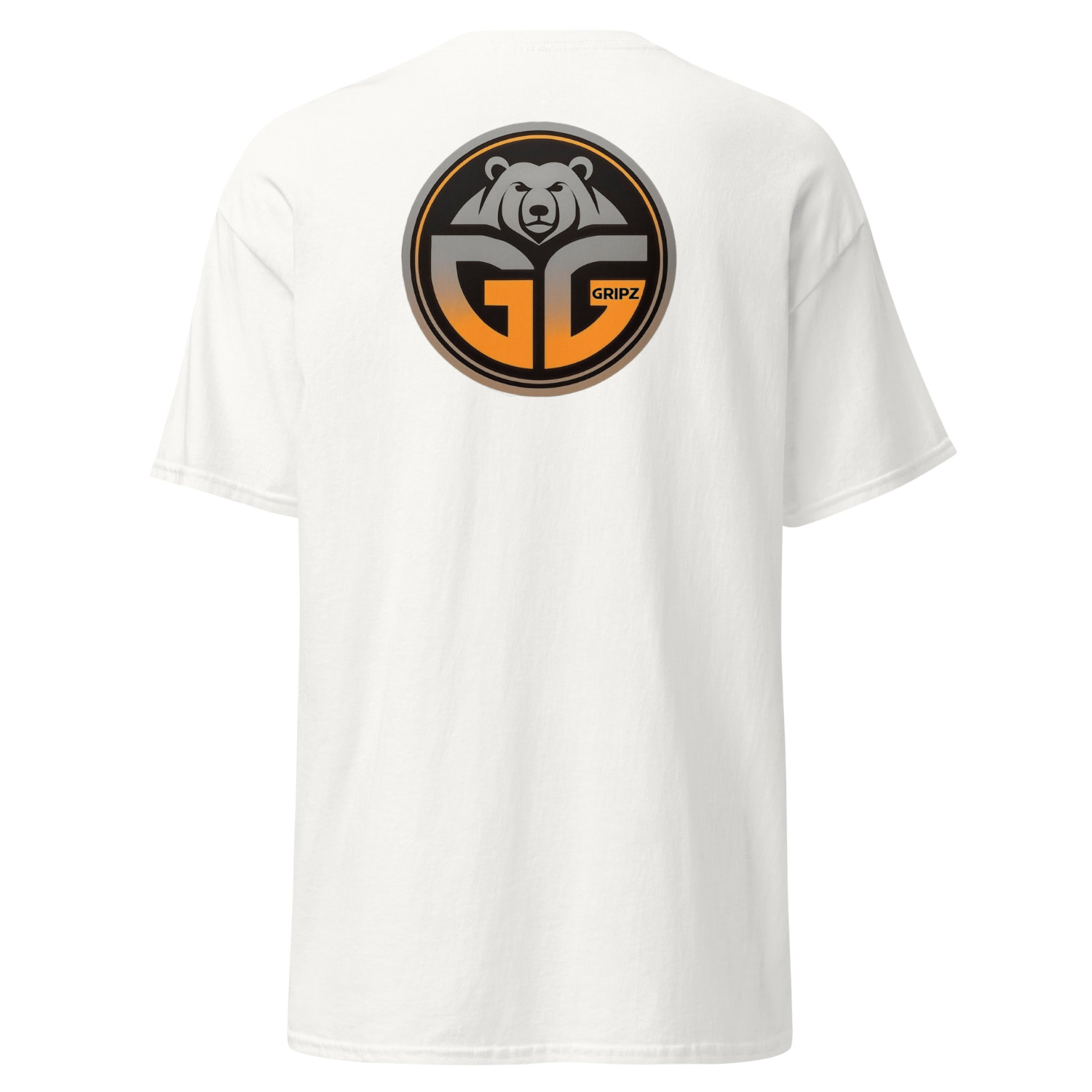 Grizzlee Gripz white t-shirt traditional large logo on the back with orange and black gradient